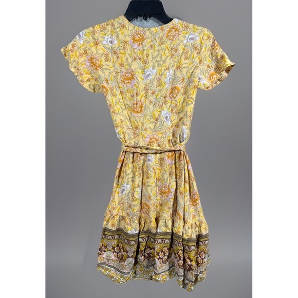 Used  ZESICA Boho Yellow Floral Short Sleeve Midi True Wrap Dress - Picture 4 of 6
